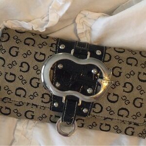 GUESS Beige and Black Logo Clutch Wallet with Silver Accent